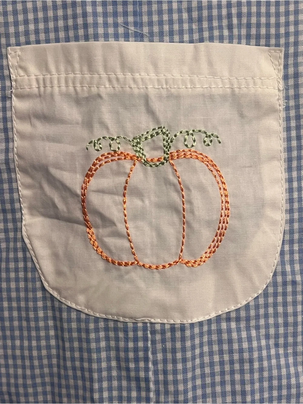 Light Blue Gingham Kids Overalls with Pumpkin Pocket Great Fall Style
